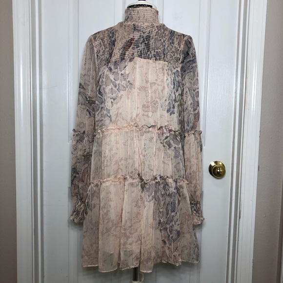 Olivaceous Snakeskin Print Long Sleeve Smoked Tiered Lined Swing Mini Dress M - Picture 2 of 16